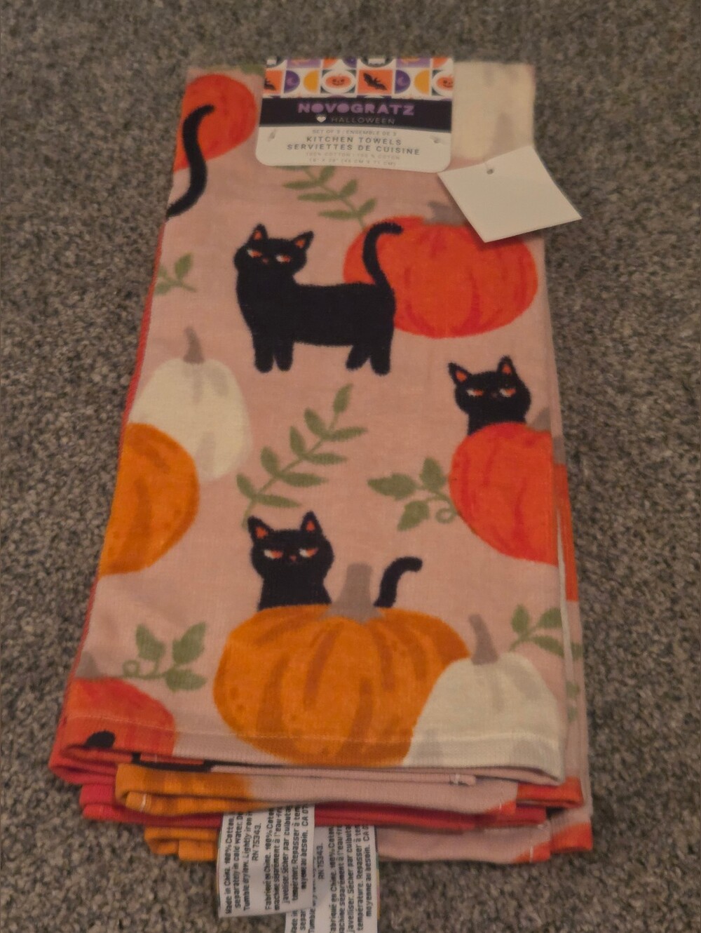 Halloween Kitchen Towel Set Of 3 with Black Cats & Pumpkins